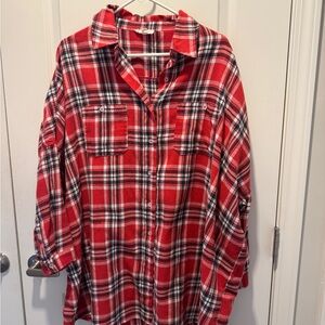 Women’s Oversized Red Plaid Flannel Button-Up Shirt